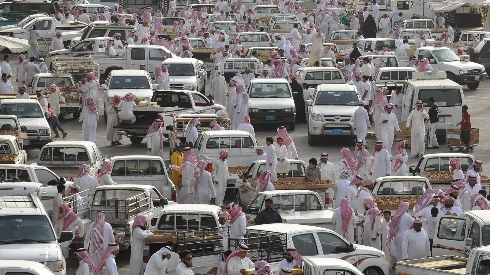 سوق مدينة التمور ببريدة من الأعلى، شاحنات وصناديق تمور معروضة للبيع في موسم الحصاد