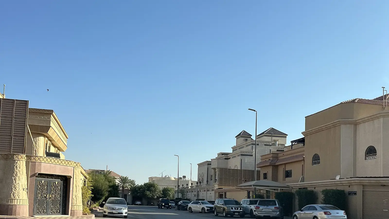 شارع سكني في حي الروضة بمدينة الرياض تظهر فيه فلل ومركبات متوقفة في وضح النهار